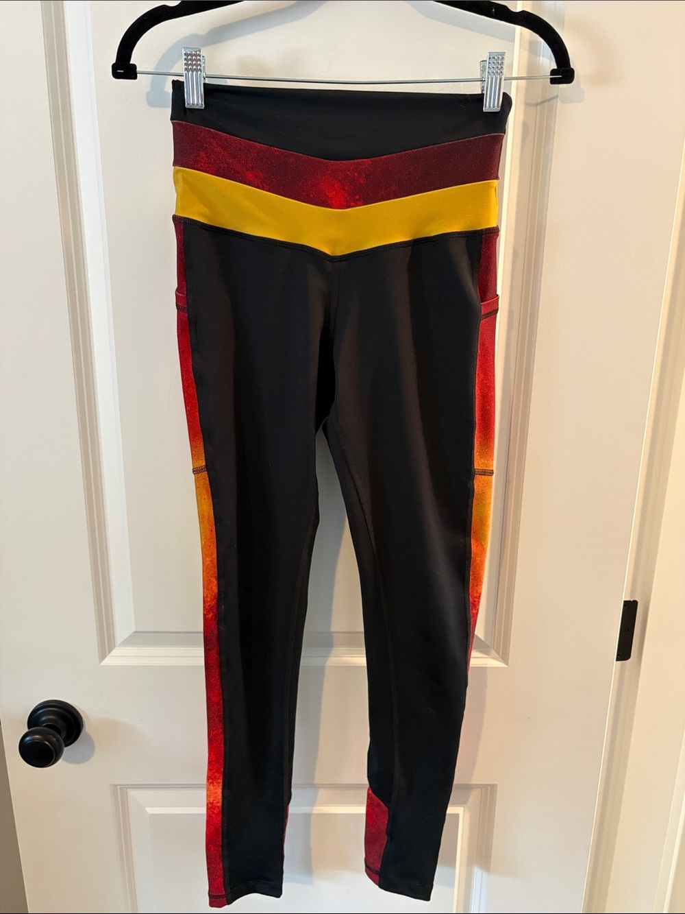 Brio Soul Chayle Black Compression Leggings with Red and Yellow Accent Waistband